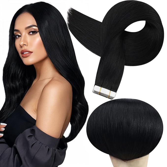 Full Shine Tape in Extensions Human Hair 14 Inch Color 1 Jet Black Pu Remy Tape in Hair Extensions Straight Hair 20 pcs Seamless Tape ins Skin Weft Glue in Human Hair Extension 50 Gram Add Volume