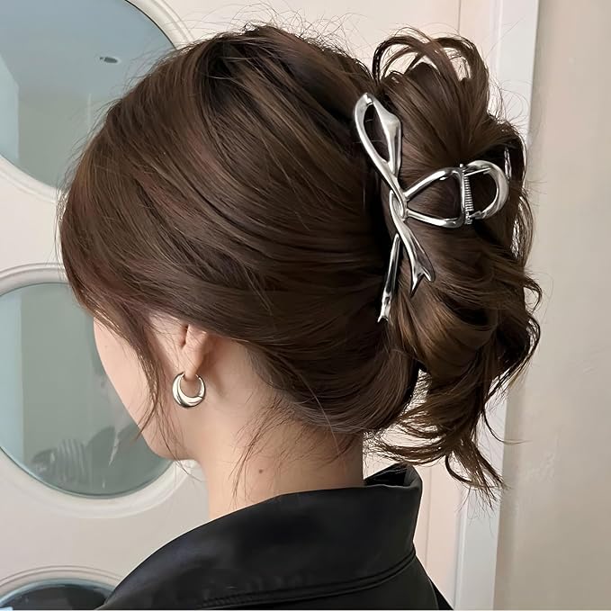 Silver Ribbon Bow Metal Hair Clips, Alloy Elegant Non-Slip Strong Hold Grip Jaw Clip for Thick and Thin Hair