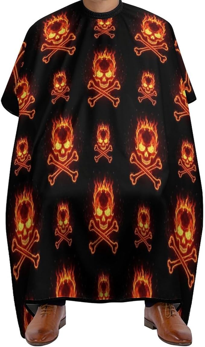 Men Fire Flaming Skulls Crossbones Salon Gown Cape, Full Coverage Haircut Hairdressing Cloth Apron for Hairstylists, Barber Aceessories