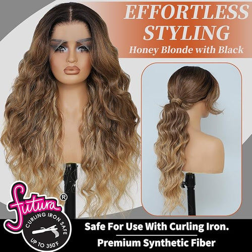 13x4 Synthetic Lace Front Wigs Pre Plucked Honey Blonde with Black 26 Inch Long Wavy 100% Futura Premium 13x4 HD Lace Wigs For Black Women Ready to Wear Daily Party Use