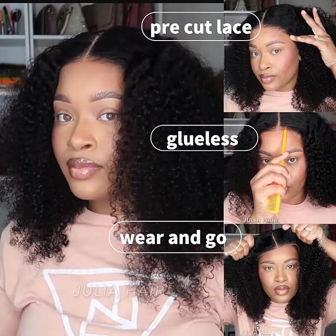 Julia Hair 12A Bye Bye Knots Glueless Wig Kinky Curly 7x5 Pre Cut Lace Front Wigs Invisible Knots Virgin Human Hair HD Lace Frontal Pre Bleached Wig 180% Density 26 Inch