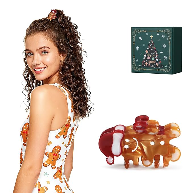 Original Italian Designed Mini Hair Claw Clips for Women- CHRISTMAS Gingerbread Men, Premium Acetate Small Claw, Non Slip Cute Hair Clips for Women with Gift Box