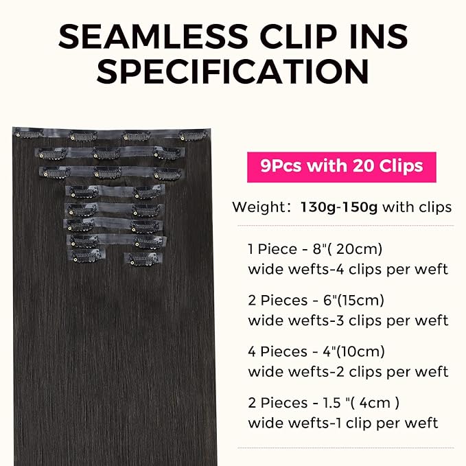 Lashey Clip in Hair Extensions 150g 9pcs Light Yaki Straight Seamless Clip in Human Hair Extensions Natural Black 20 Inch Hair Extensions for Women