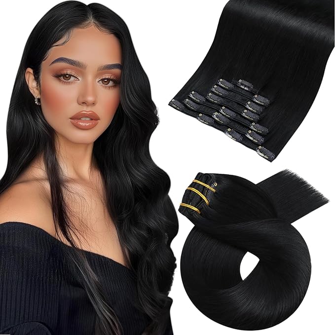Moresoo Jet Black Clip in Hair Extensions Human Hair 20 inch Remy Straight Double Weft Clip in Human Hair Extensions for Women Jet Black #1 Full Head 7Pcs 120G
