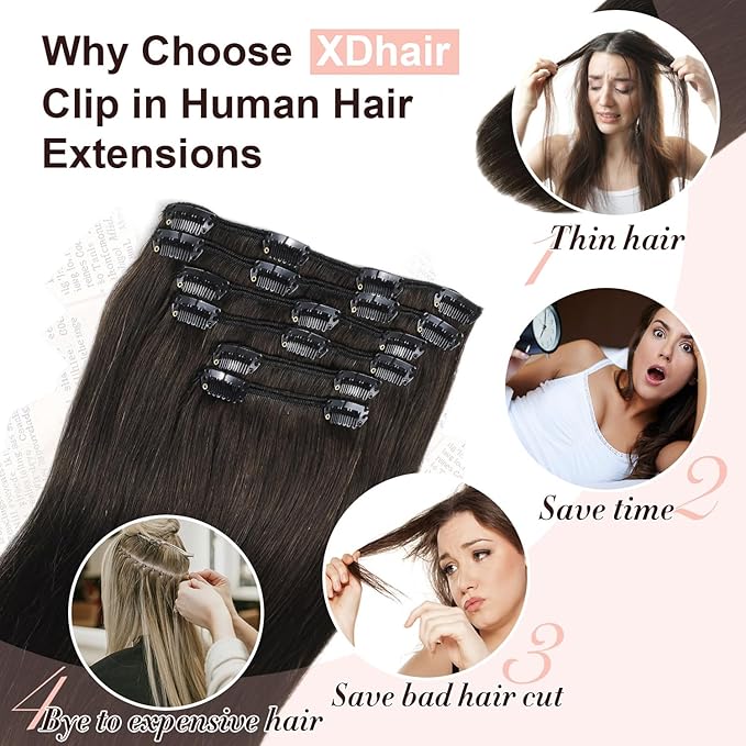 XDhair Clip in Hair Extensions Real Human Hair Natural black Clip in Remy Human Hair Extensions for Women 120g 22 Inch #1B