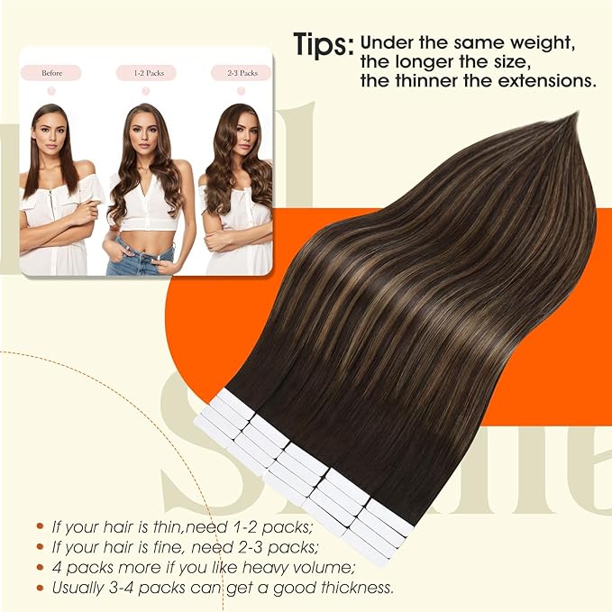 Full Shine Tape in Hair Extensions 20Inch Tape in Human Hair Color 2/8/2 Balayage Dark Brown to Ash Brown Real Remy Real Human Hair Extensions Seamless Tapes in Straight Hair 20pcs 50 Gram for Women