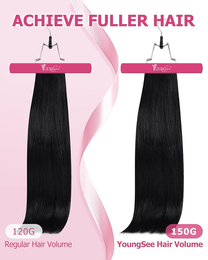 YoungSee 150G Human Hair Clip in Extensions Jet Black Clip in Human Hair Extensions Jet Black Clip on Hair Extension Real Hair Full Head Long Hair Extension Clip ins for Women 22Inch 7Pcs