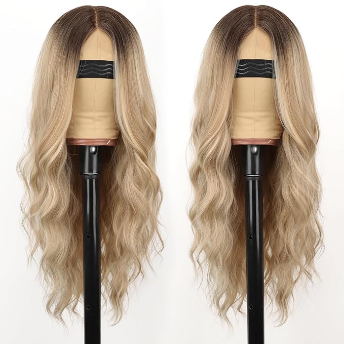 Honey Blonde Wig for Women Long Wavy 4x1 Lace Natural Hairline Glueless for Beginners Middle Part Synthetic for Daily Party Use 26Inch