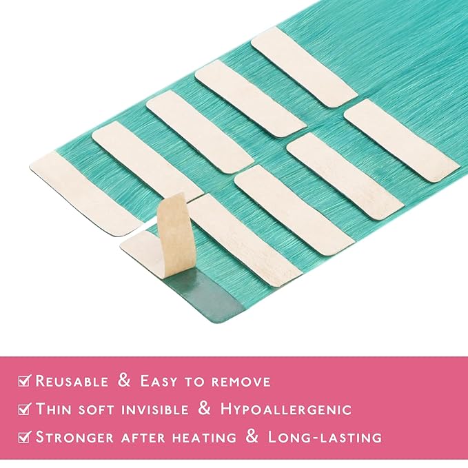 WENNALIFE Tape in Hair Extensions, 10pcs 30g 22 inch Remy Invisible Tape Ins Straight Teal Green Colored Soft Real Human Hair Extensions Refill Set