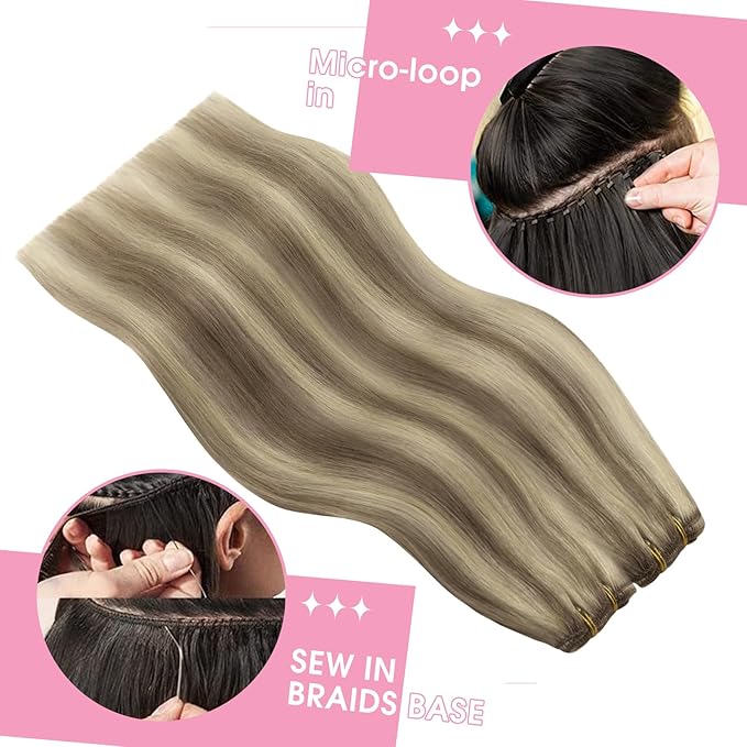 YoungSee Sew in Hair Extensions Real Human Hair Highlight Hair Extensions Weft Light Brown with Blonde Highlight Hand Tied Weft Hair Extensions Human Hair 20Inch 100G
