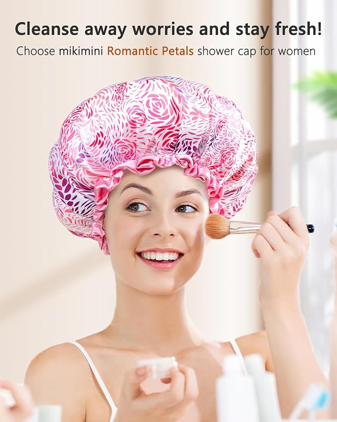 mikimini Large Shower Cap for Women Long Hair, 1 Pack,Romantic Petal Design, Double Layer Waterproof, Reusable, Washable, High-quality, Floral Print