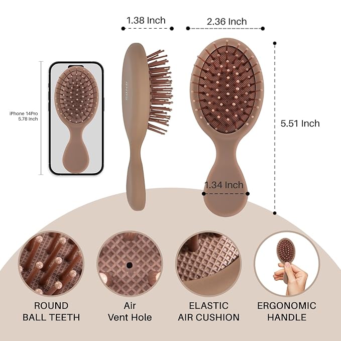 RHOS Mini Hair Brush for Women,Men and Kids-Travel Size Hair Brush for Purse,Pocket,backpack-Small Cushion Paddle Brush with Soft Bristles-Mini Detangler Brush for All Hair Types(1 Pack-Mocha)