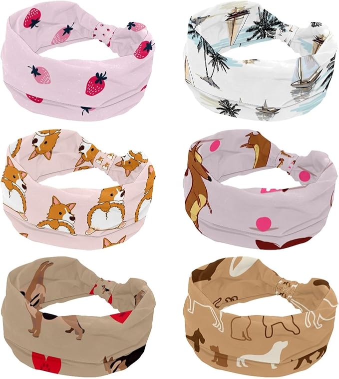 6 Pcs Stretchy Headbands for Women, Absorbed Sport Headband Soft Twist Knotted Headbands for Daily Life Yoga Workout, Dogs Collection Multi Animal