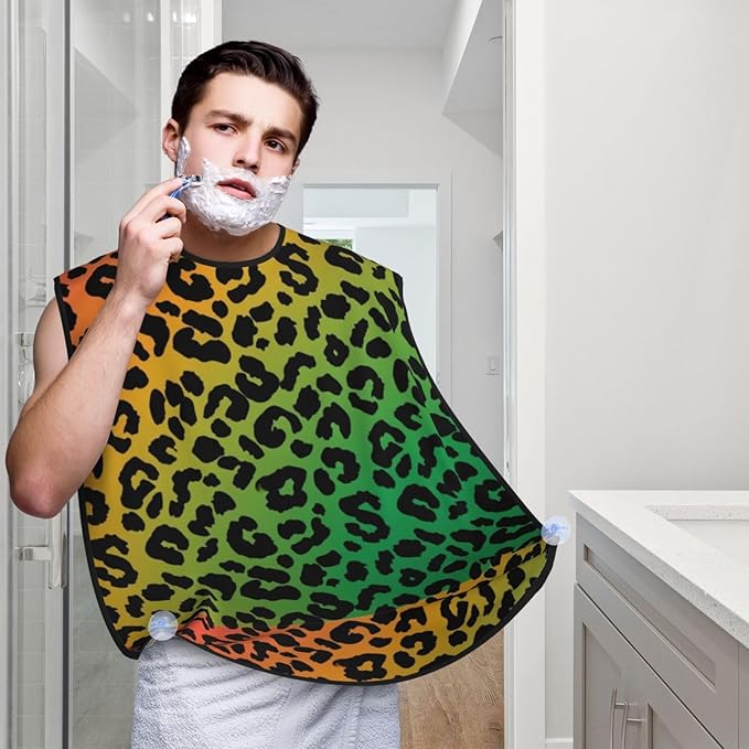 Beard Bib Apron for Men Shaving, Waterproof Non-Stick Hair Catcher with Suction Cups, Grooming Essential for Dad Husband, Rasta Flag Color Cheetah Leopard Print Floral Shave Bib