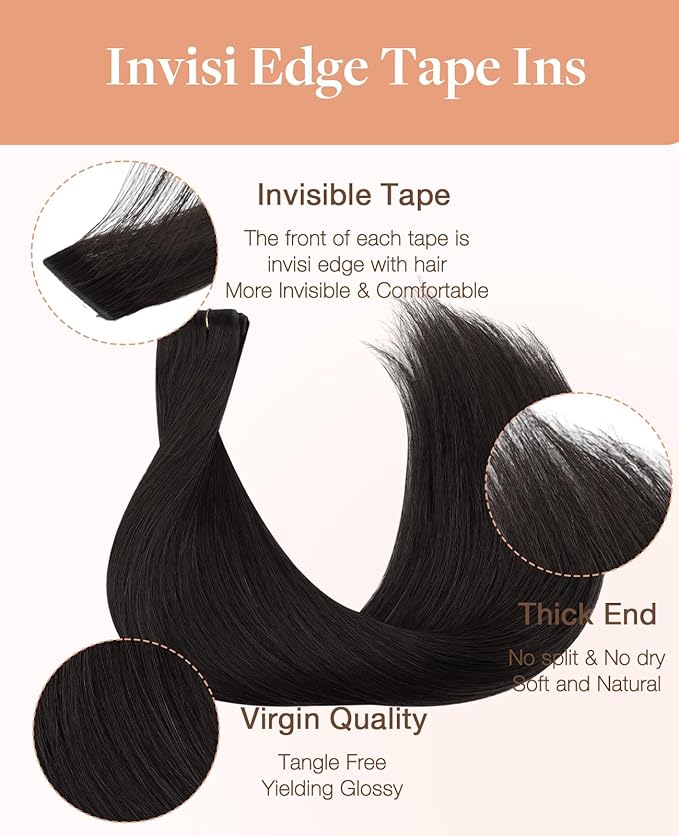 GOO GOO Invisi Edge Tape in Hair Extensions Human Hair, 1B Natural black 10pcs injected with 10pcs classical tape ins, 18inch 50g, Virgin Remy Hair, Natural Look