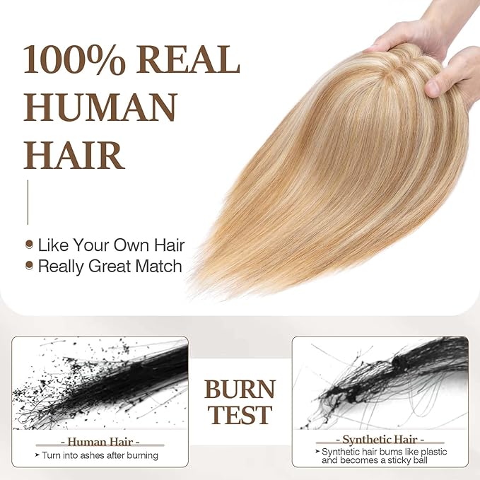 Rich Choices Hair Toppers for Women Real Human Hair 100% Human Remy Toppers NO Bangs with Thinning on Top Clip in Hairpiece 4"x4.7"Lace Base 10 Inch #12P613 Golden Brown Highlights Bleach Blonde