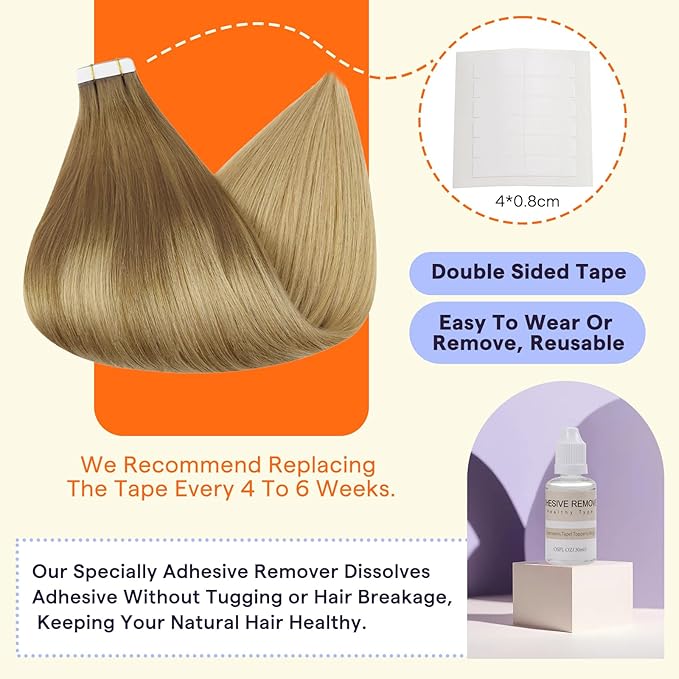 Full Shine Human Hair Tape in Extensions 18 Inch Balayage Color 10 Brown Fading to 14 Golden Blonde Tape in Hair Extensions Human Hair Straight Double Sided Seamless Skin Weft 20 PCS 50g for Party