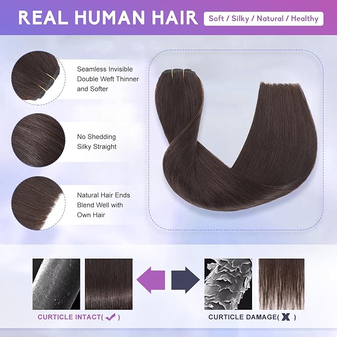 Dark Brown Clip in Hair Extensions Real Human Hair Invisible Seamless Remy Human Hair Clip in Extensions for Women 14Inch 75g, 8pcs Per Set with Double Weft
