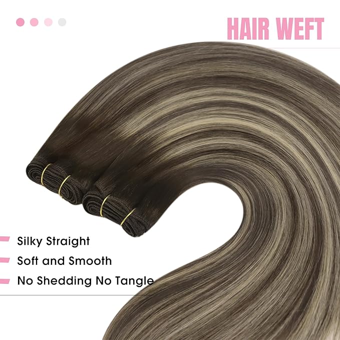 YoungSee Sew in Hair Extensions Real Human Hair Balayage Double Weft Hair Extensions Human Hiar Chocolate Brown with Ash Blonde Balayage Straight Hair Extension Sew in 20Inch 100G