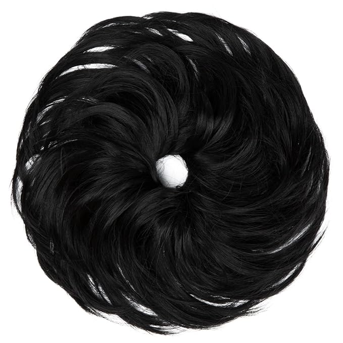 SARLA Messy Hair Bun Hair Pieces Curly Synthetic Updo Fake Scrunchies Ponytail Extension for Women Jet Black 1PCS