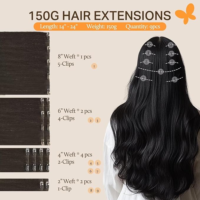 DOORES 18 Inch Mocha Brown Clip in Human Hair Extensions, 9pcs 150g, Straight, Real Hair, Remy, Thick, Natural
