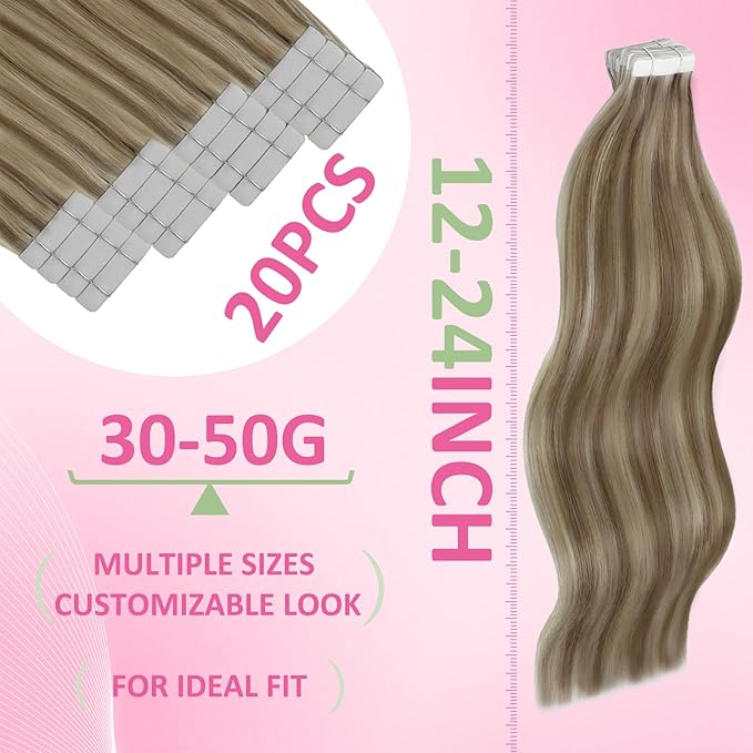 YoungSee Tape in Extensions Human Hair Brown to Blonde Tape Hair Extensions Real Human Hair Light Brown Highlight Blonde Tape-in Hair Extension Remy for Women Silky Straight Hair 16 Inch 20pcs 50g