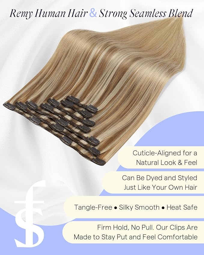 Full Shine Dirty Blonde Hair Extensions Clip ins 22 Inch Blonde Highlight Clip in Hair Extensions Human Hair 150 G 7 Pcs
