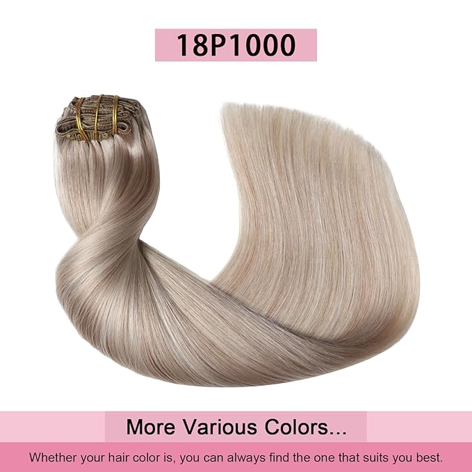 Pro2.0 Clip in Hair Extensions Real Human Hair 120g Thick 7pcs Color #18p1000 Ash Blonde with Bleach Blonde Remy Real Human Hair Extensions Clip ins 14inch Double Weft（#18P1000-14inch）