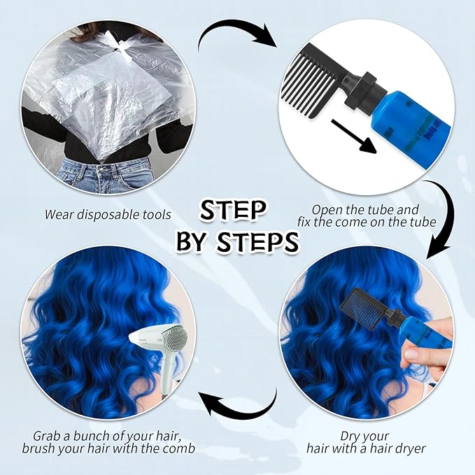 Byhoo Blue Temporary Hair Dye for Kids, Cream Formula, 6 Combs, Washable Hair Color for Dark & Light Hair for Girls Party Halloween Cosplay