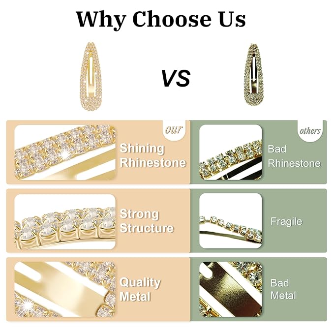 Hair Clips, 2Pcs 3.1Inch Rhinestone, Gold, Hair Accessories, Bridal, Wedding, Party, Prom Barrettes for Women Girls