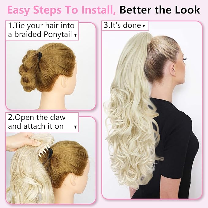 ALXNAN Ponytail Extension,24 Inch Claw Clip in Long Curly Wavy Platinum Blonde Ponytail Hair Extension Jaw Clip on Pony Tails Hairpiece for Women