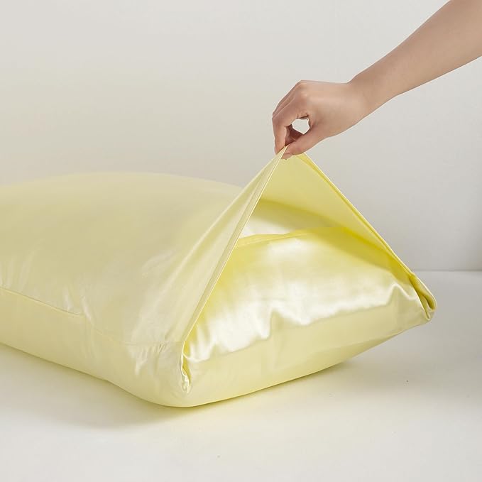 NTBAY 2 Pack Satin Standard Pillowcases for Hair and Skin, Luxurious and Silky Pillow Cases with Envelope Closure, 20x26 Inches, Light Yellow