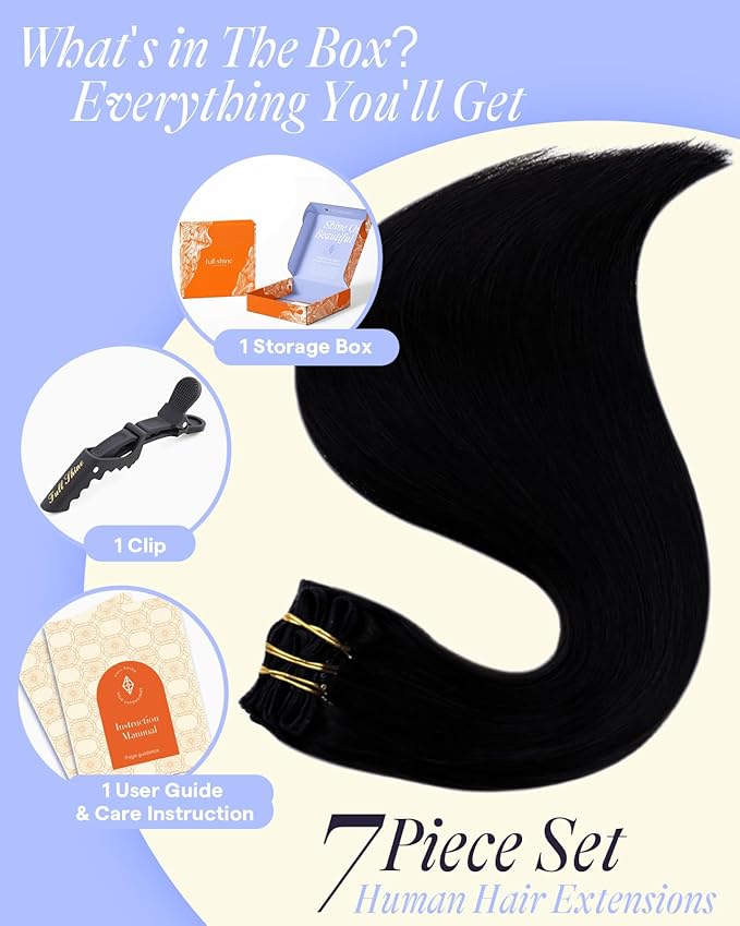 Full Shine Clip ins Real Human Hair Black Women 18 Inch Jet Black Clip in Extensions Real Human Hair 7 Pcs 135 G