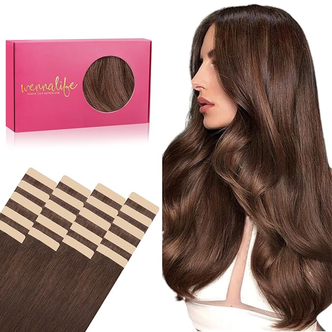 WENNALIFE Tape in Hair Extensions Human Hair, 20pcs 50g 20 inch Chocolate Brown Remy Hair Extensions Straight Human Hair Tape in Extensions Skin Weft Tape Extensions Human Hair
