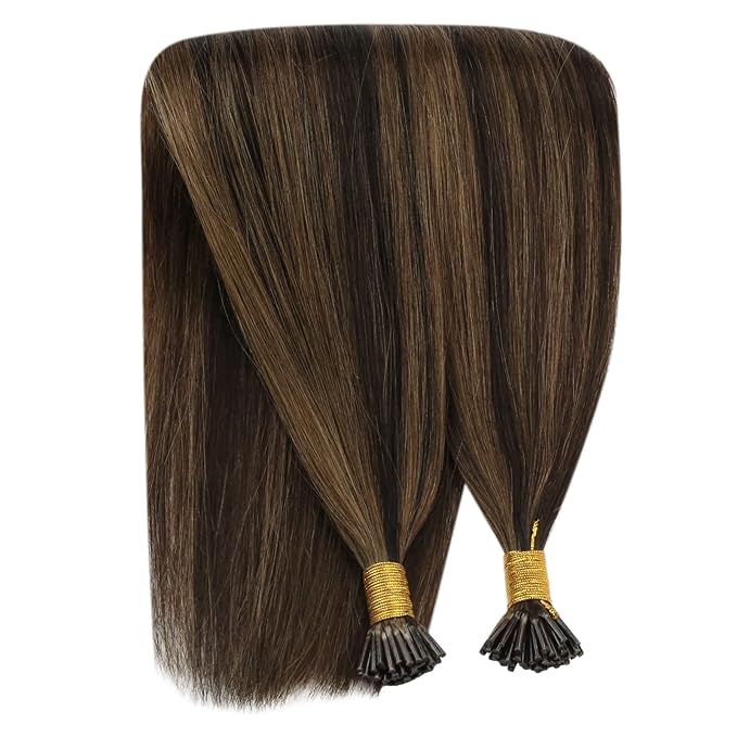 YoungSee I Tip Hair Extensions Human Hair Brown I Tip Hair Extensions Highlight Dark Brown with Brown Itip Human Hair Extension 20 Inch Highlight Pre Bonded Hair Extension Silky Straight 50s 50g