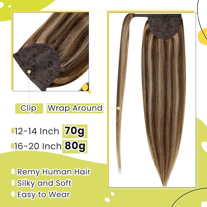 RUNATURE Real Hair Ponytail Extension, Clip in Ponytail Extension Human Hair with Magic Paste, Straight Soft Remy Human Hair Pony Tail, 16 Inch 80g #3P12 Walnut Brown Highlight Caramel Blonde