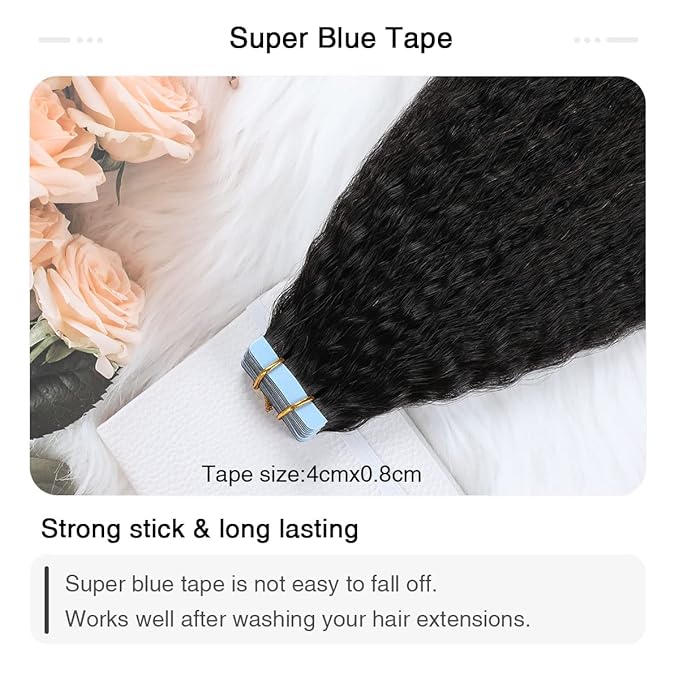 SUYYA Tape in Hair Extensions Human Hair Kinky Straight Tape in Extensions Natural Black 14 Inch Skin Weft 40g/Pack 20PCS Tape INS for Women (#1B Natural Black)