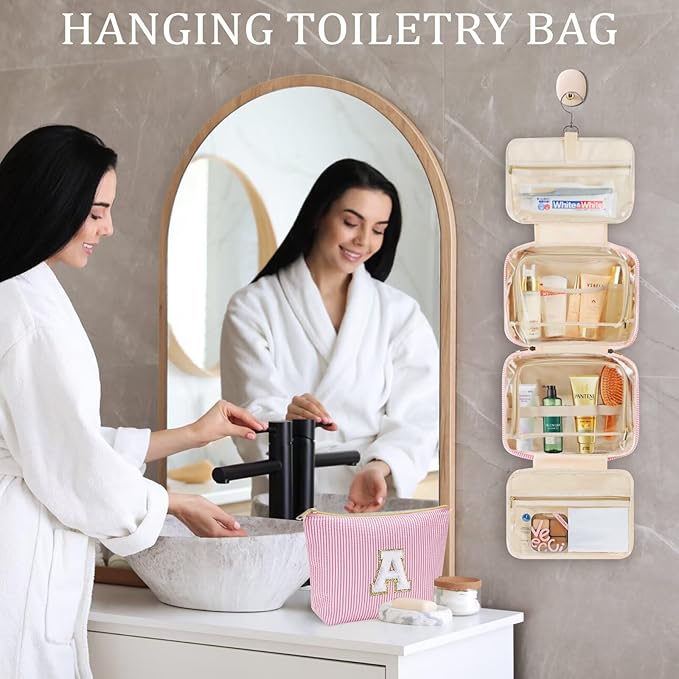 YOOLIFE Hanging Toiletry Bag for Women - Travel Toiletry Bag Makeup Bag, Portable Toiletries Cosmetic Bag, Airplane Travel Essentials - Letter T, Blue