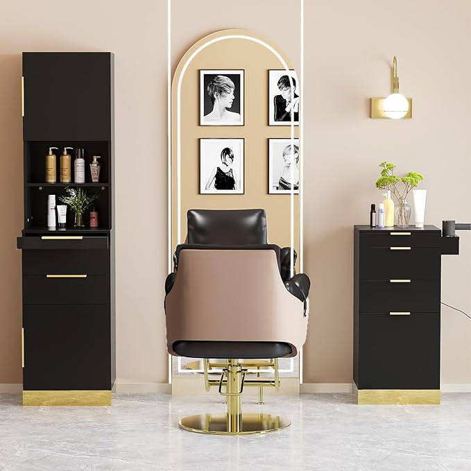 OmySalon Salon Station, Barber Station for Hair Stylist, Beauty Storage Cabinet with Stainless Steel Finish & Drawers & Dryer Holders, Modern Spa Equipment for Barbershop, Black