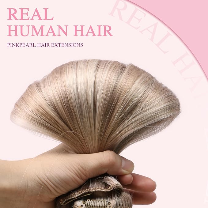 PINKPEARL Clip in Hair Extensions #18P1000 Ash Blonde Highlighted Gray Blonde 7pcs 14 Inch 120g Real Remy Hair Extensions Clip in Human Hair(#18P1000-14)