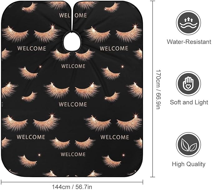 Extra Long Barber Styling Cape, Rose Gold Pink Eyelash Welcome Black Haircut Hairdressing Cloth Apron Hair Cutting Cloak for Hair Cutting