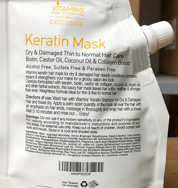 VITAMINS hair cosmetics Keratin Hair Mask - Protein Repair Keratin Treatment - Deep Conditioner for Dry, Damaged, Curly, Straight & Frizzy Hair with Biotin, Collagen & Castor Oil - 3.4 Fl Oz