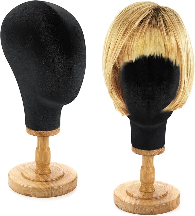 2 Pcs Wig Stand with Head 23 Inch Linen Mannequin Head with Wooden Stand Canvas Mannequin for Hats Wigs Caps Headdress Home Store Hair Salon(Black)