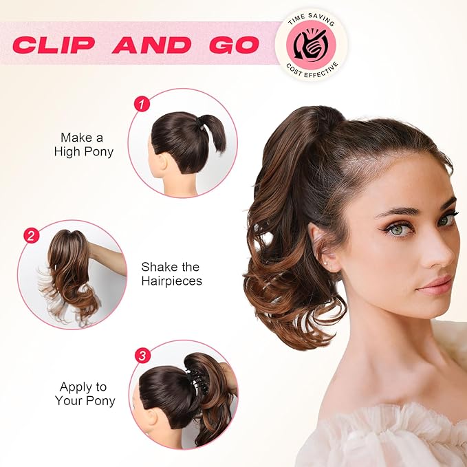 Ponytail Extension - 14" Claw Clip in Ponytail Hair Extensions Natural Soft Synthetic Layered Wavy Pony Tail Hair Pieces for Women - Auburn Brown
