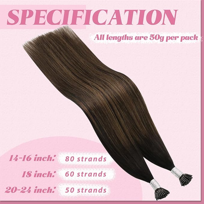 YoungSee I Tip Hair Extensions Human Hair Brown Itip Hair Extensions Balayage Dark Brown with Medium Brown I tip Hair Extension 16 Inch Ombre Cold Fusion Hair Extension Invisible for Daily 50g 80s