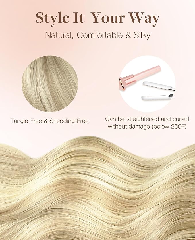 GOO GOO Invisi Edge Tape in Hair Extensions Human Hair, 17A/60A Ash Blonde Highlighted Platinum Blonde 10pcs injected with 10pcs classical tape ins, 24inch 50g, Virgin Remy Hair, Natural Look