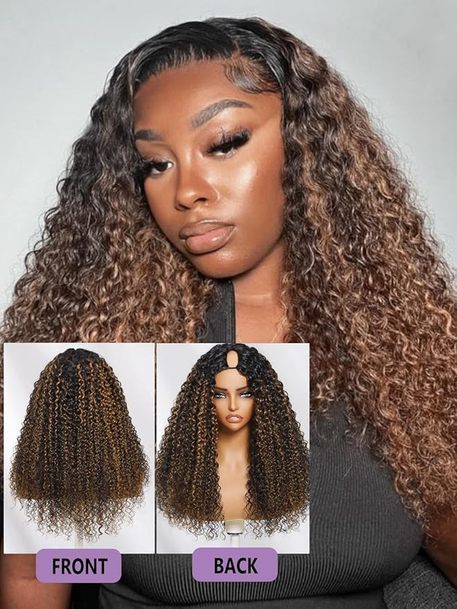YIROO EasiContour V Part Wigs Ombre Brown Glueless Human Hair Upgrade U Part Wig with Dark Roots Highlight V Shape Clip Wigs Beginner Friendly with Drawstring Ready to Wear Chestnut Brown Color 26Inch