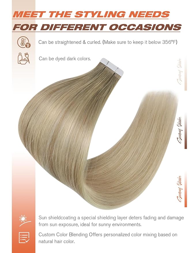 Sunny Hair Tape in Hair Extensions Real Human Hair Invisible Remy Hair Extensions Tape ins for Women Ash Blonde Root to Platinum Blonde Balayage 20 inch 20Pcs 50G