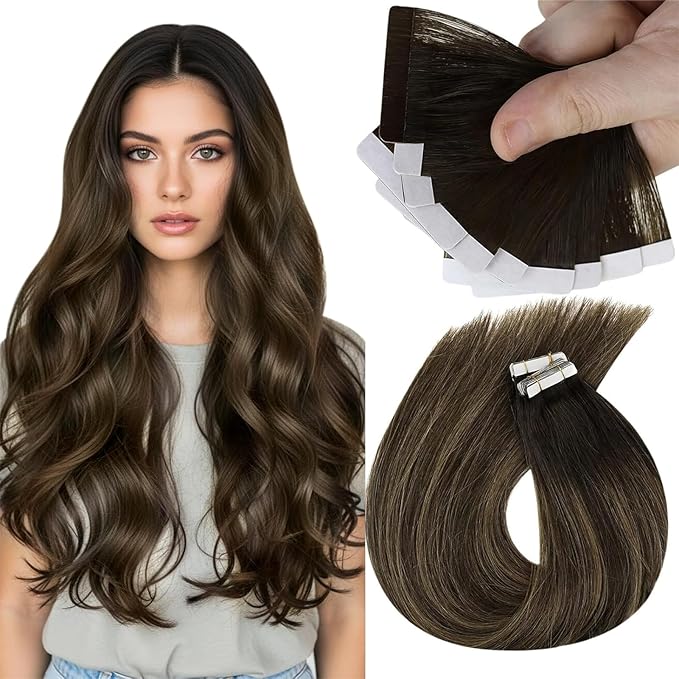 Sunny Hair Tape in Hair Extensions Real Human Hair Invisible Remy Hair Extensions Tape ins for Women Darkest Brown Ombre Medium Brown Balayage 16 inch 25G
