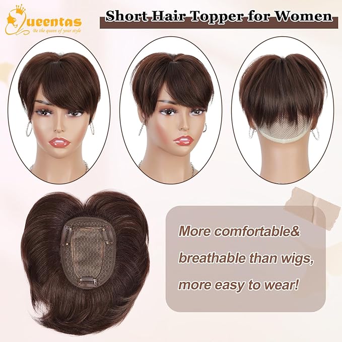 QUEENTAS Brown Short Hair Toppers for Women with Thinning Hair 360°3D Cover with 3 Clips Hair Pieces Wispy Bangs 4.6"*3.6" Coverage(Chocolate Brown/#4)